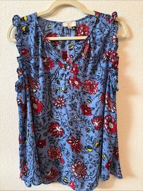 LOFT Blue Floral V-Neck Ruffle-Trim Shell
